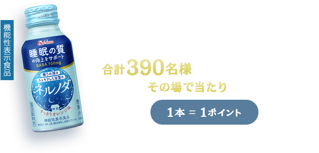 対象商品を購入し、ポイントを貯めて 応募しよう！ 合計390名様に豪華なプレゼントが その場で当たります！